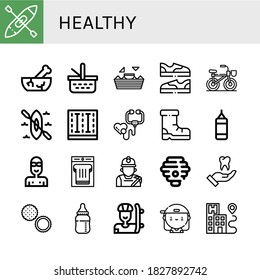 healthy simple icons set. Contains such icons as Kayak, Mortar, Picnic basket, Nachos, Shoes, Bicycle, Swimming pool, Stethoscope, Punching bag, can be used for web, mobile and logo