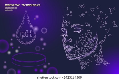 Healthy skin care pH low poly sphere bubble. Health supplement female face anti-aging beauty cosmetics banner template. 3D coenzyme acids. Medicine science vector illustration.