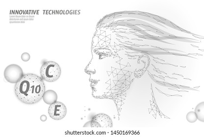 Healthy skin vitamin complex low poly sphere bubble. Health supplement female face anti-aging beauty cosmetics banner template. 3D coenzyme Q10, C, E. Medicine science vector illustration
