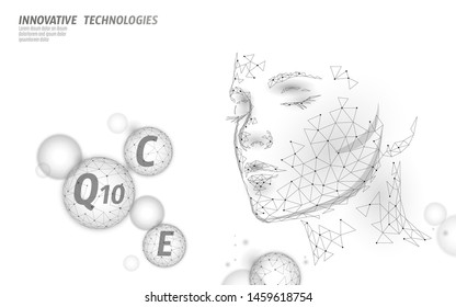 Healthy skin vitamin complex low poly sphere bubble. Health supplement female face anti-aging beauty cosmetics banner template. 3D coenzyme Q10, C, E. Medicine science vector illustration