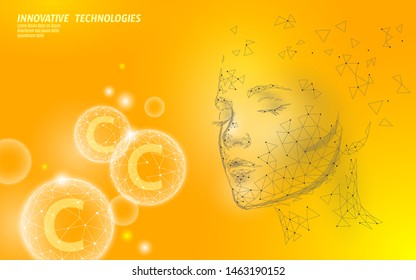 Healthy skin vitamin complex low poly sphere bubble. Health supplement female face anti-aging beauty cosmetics banner template. 3D C pill medicine science vector illustration