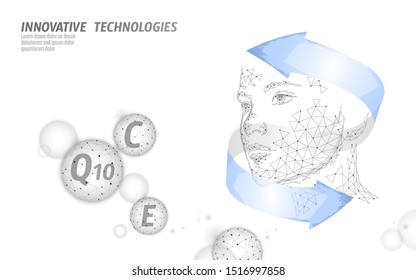 Healthy skin vitamin complex low poly sphere bubble. Health supplement female face anti-aging beauty cosmetics banner template. 3D coenzyme Q10, C, E. Medicine science vector illustration