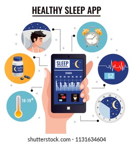 Healthy Sleep App Design Concept With Graph Of Sleep Stages On Screen Of Smartphone In Human Hand Vector Illustration 