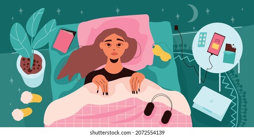 Healthy sleep background with insomnia hours symbols flat vector illustration