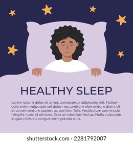 Plantilla de banner de sueño saludable. Una mujer yace en su cama bajo la manta con estrellas alrededor. Buen concepto de sueño con título básico. Ilustración vectorial en estilo plano. 