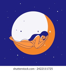 El sueño saludable, la hora de acostarse, la dulce ilustración vectorial del sueño. Hermosa hembra tendida en la luna creciente. Joven durmiendo en una cama de luna en la luz del cielo estrellada de la noche. Bruja moderna, magia, astrología, tarjeta tarot