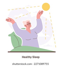 Healthy sleep. Cardiac disease prevention for seniors. Cardiovascular health and risk management. Healthcare and prophylactic measures to reduce the risk of heart diseases. Flat vector illustration