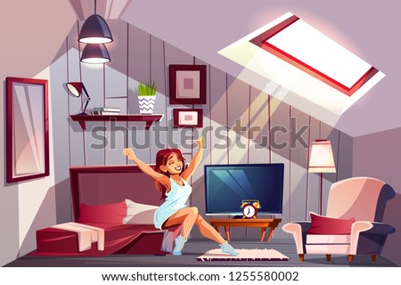 Healthy sleep cartoon vector concept with happy smiling woman in nightie, sitting on bed and stretching after waking up at morning illustration. Comfortable bedroom or guest room on attic interior