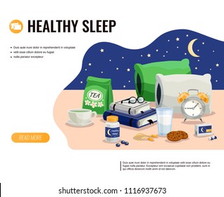 Healthy sleep cartoon vector illustration with glass of milk pack of soothing tea and sleeping pills at night sky background