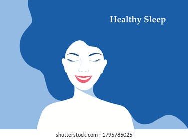 Healthy sleep concept, beautiful woman sleeping happily on bed at night vector illustration