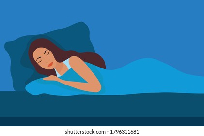 Healthy sleep concept, beautiful woman sleeping happily on bed at night vector illustration