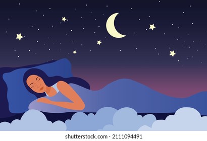 Healthy sleep concept, beautiful woman sleeping happily on bed at night time vector illustration