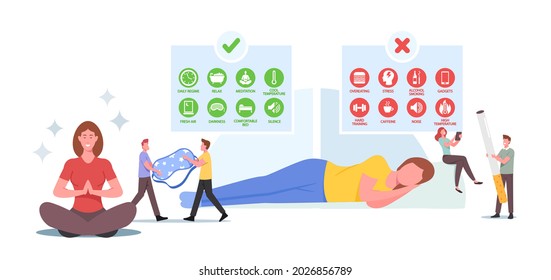 Healthy Sleep Concept. Characters with Tips Infographic for Good or Bad Sleeping. Relaxed Woman in Bedroom with Sleeping Mask. Sweet Dreams, Good Biological Rhythms. Cartoon People Vector Illustration