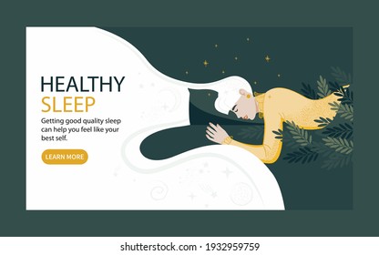 Healthy sleep concept landing page. The girl sleeps in a fresh bed, and the starry sky is all around. Design template with pose of sleeping for flyer, layout for the site