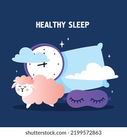 Healthy sleep concept. Motivational poster or banner for website. Correct mode of day, recuperation, comfortable and cozy bedroom. Sheep, sleep mask and pillow. Cartoon flat vector illustration