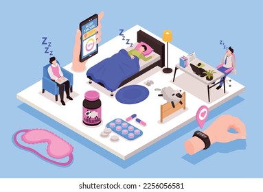 Healthy sleep concept with nightmares and insomnia symbols isometric vector illustration