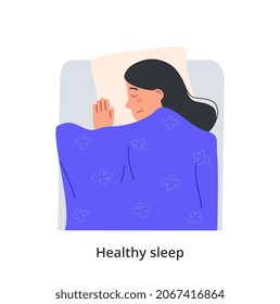 Healthy sleep concept. Woman lying on comfortable bed and covered with warm blanket. Female character sleeps on soft pillow and dreams. Relaxation and rest at night. Cartoon flat vector illustration