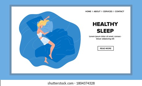 Healthy Sleep In Cozy And Orthopedic Bed Vector. Young Woman Healthy Sleep On Comfortable And Healthcare Mattress And Pillow. Character Girl Resting And Sleeping Bedtime Web Flat Cartoon Illustration