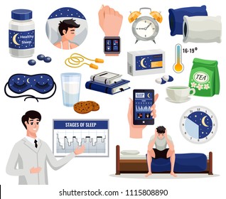 Healthy sleep decorative icons set of alarm night mask doctor showing graph of sleep stages isolated vector illustration 