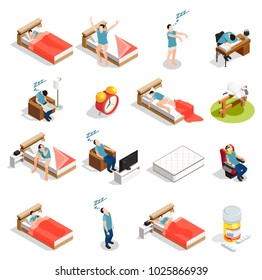 Healthy sleep and disorders isometric icons set with insomnia, dream during trip, counting sheep isolated vector illustration