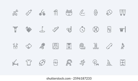 Healthy sleep and exercise, marathon and diving, hygiene thin black outline symbols vector illustration. Sports, fitness and physical exercises to burn calories, muscle strength line icon set