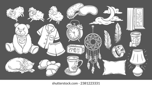 Healthy sleep glyph icons set vector illustration. White stamps of objects for good night and sweet sleep in bed collection isolated on black, teddy bear and clock, jumping sheep and moon, pillow