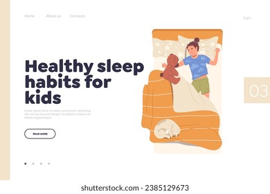 Healthy sleep habits for kids landing page template with relaxed little girl child resting in bed