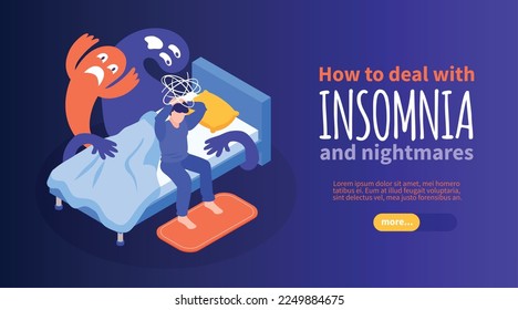 Healthy sleep horizontal banner with nightmares and insomnia symbols isometric vector illustration