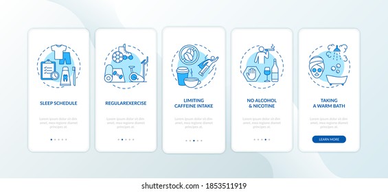 Healthy sleep hygiene blue onboarding mobile app page screen with concepts. Healthcare recommendation walkthrough 5 steps graphic instructions. UI vector template with RGB color illustrations