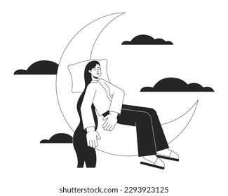 Gesunde Schlafhygiene bw Konzept Vektorgrafik. Woman Napping auf Crescent 2D Cartoon flache Linie monochromatischen Charakter für Web App UI Design. Psychisches Wohlbefinden, bearbeitbares Umriss-Heldenbild