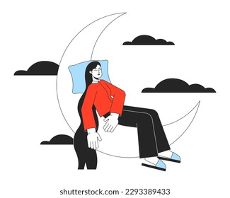 Healthy sleep hygiene flat line concept vector spot illustration. Woman napping on crescent 2D cartoon outline character on white for web app UI design. Mental wellbeing editable colorful hero image