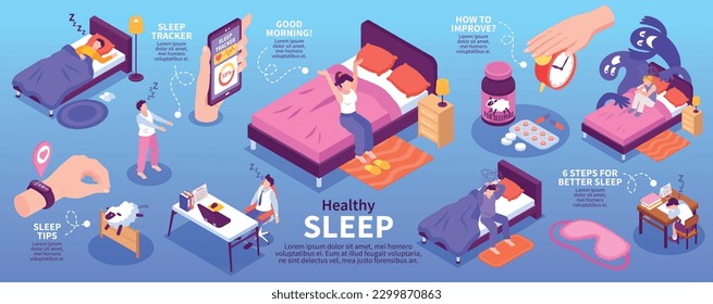 Healthy sleep infographic set with sleep tips symbols isometric vector illustration