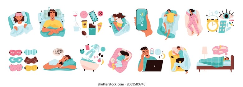 Healthy sleep and insomnia set with healthcare symbols flat isolated vector illustration