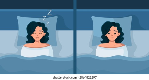 Healthy Sleep and Insomnia. A sleeping and sleepless girl with bags under her eyes. Vector illustration of a woman in bed. Sleep disorder. Flat style