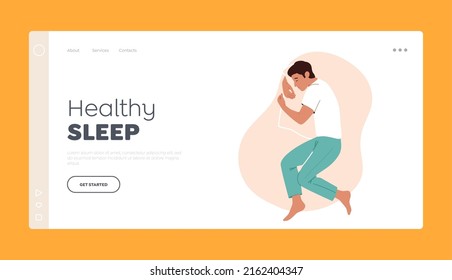 Healthy Sleep Landing Page Template. Dreamy Male Character Sleeping in Relaxed Pose Lying on Bed and Hugging Pillow Top View. People Bedding Time, Sleep or Nap. Cartoon Vector Illustration