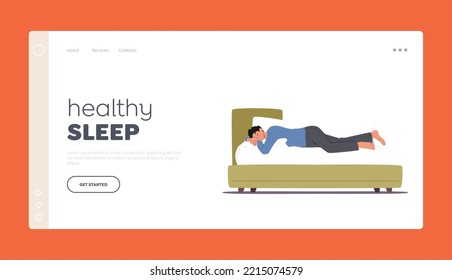 Healthy Sleep Landing Page Template. Dreamy Male Character Sleeping in Relaxed Pose Lying on Bed and Hugging Pillow Side View. Bedding Time, Sleep or Nap. Cartoon People Vector Illustration
