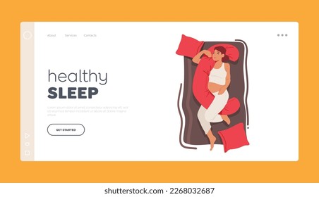 Healthy Sleep Landing Page Template. Pregnant Woman Sleeping With Maternity Pillow Support For Optimal Sleep Top View. Mom-to-be Female Character Sleep with Cushion. Cartoon People Vector Illustration