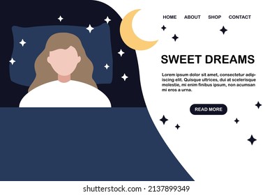 Healthy sleep Landing Web Page template. Peaceful woman sleeping in cozy bed in bedroom with moonlight, stars, crescent moon. Comfort, nighttime, dream concepts. Flat vector design illustrations.