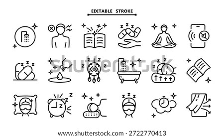 Healthy sleep linear icons set isolated. Defined outlines with editable, scalable vector paths. Promoting relaxation and better sleep through mindful habits and routines.