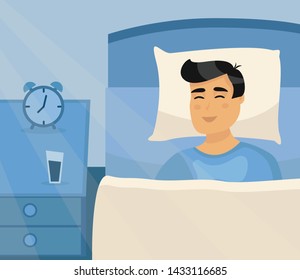 Healthy sleep man vector illustration in flat style. Happy boy smiling and sleeping in bed. Vector cartoon illustration in flat style