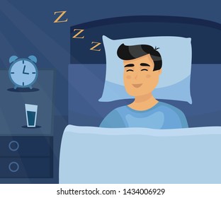 Healthy sleep man vector illustration in flat style. Happy boy smiling and sleeping in bed. Vector cartoon illustration in flat style