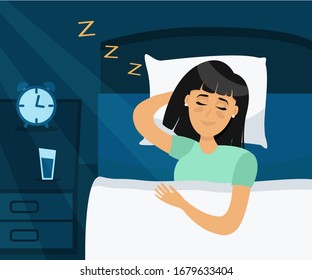 Healthy sleep melatonin concept. Happy girl sleeping well. Happy girl sleeping in bed. Vector flat illustration in cartoon style