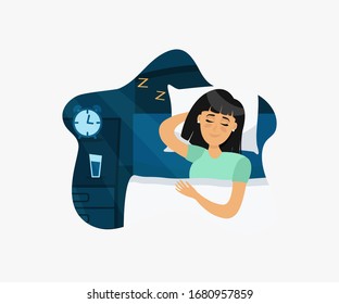 Healthy Sleep Melatonin Concept. Happy Girl Sleeping Well. Happy Girl Sleeping In Bed. Vector Flat Illustration In Cartoon Style