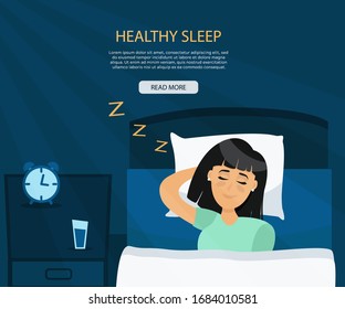 Healthy sleep melatonin concept. Happy girl sleeping well. Happy girl sleeping in bed. Vector flat illustration in cartoon style