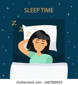 Healthy Sleep Melatonin Concept. Happy Girl Sleeping Well. Happy Girl Sleeping In Bed. Vector Flat Illustration In Cartoon Style