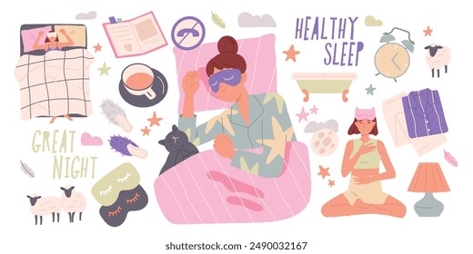 Healthy sleep at night. Woman in blindfold eye mask sleeping in comfortable soft bed. Tips for Deep sweet dream. Fighting insomnia, rest and relaxation. Flat vector illustration isolated on background