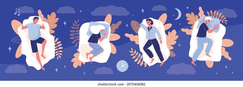 Healthy sleep poses composition with night symbols flat vector illustration