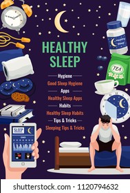 Healthy Sleep Poster With Alarm Clock Orthopedic Pillow Cup Of Herbal Tea Flat Icons At Night Starry Sky Background Vector Illustration 