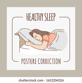 Healthy sleep and posture correction vector banner template with text space. Woman lying on pillow under blanket and taking a rest. Sweet dreams, relax outline cartoon illustration.