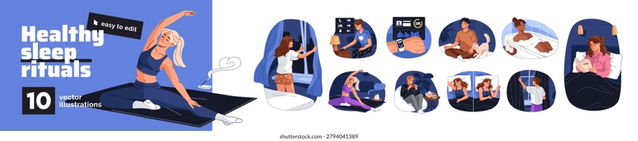 Healthy sleep rituals set. Bedtime hygiene and routine. Habits before going to bed- bedroom ventilation, curtaining windows, meditation, reading, bathing. Flat isolated vector illustration on white
